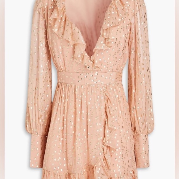 ZIMMERMANN Pink Gold Foil Ruffle Wrap Silk Mini Dress - Long Sleeve Size 0 - NWT - Picture 3 of 16